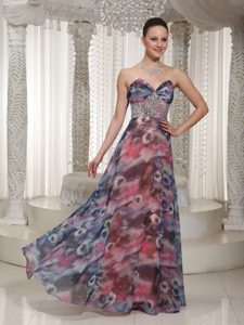 Multi-color Sweetheart Printing Prom Maxi Dresses with Shining Beading