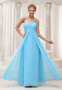 Brand New Beaded V-neck Ruched Aqua Blue Prom Maxi Dress in Chiffon