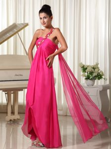 Appliqued Single Shoulder High-low Prom Maxi Dresses in Hot Pink Chiffon