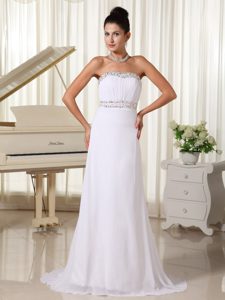White Strapless Beaded Maxi Dresses with Ruching in Chiffon
