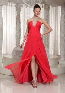 High Slit Coral Red V-neck Prom Maxi Dress Made in Chiffon with Beading