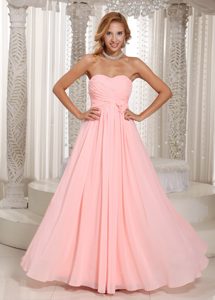 Baby Pink Stylish Prom Maxi Dress with Ruching and Hand Flower in Chiffon