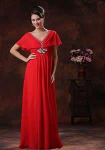 Brand New Red V-neck Chiffon Prom Maxi Dress with Short Sleeves on Less