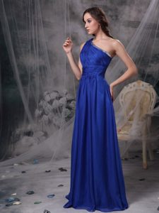 Popular Royal Blue Empire One Shoulder Maxi Dress in Chiffon with Beading
