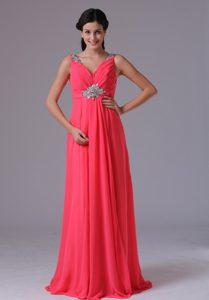 Pretty V-neck Beaded and Ruched Chiffon Prom Maxi Dresses in Coral Red