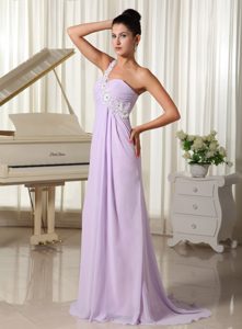 Appliqued Lilac Prom Maxi Dress in Chiffon with Single Shoulder