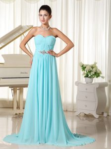 Strapless Aqua Blue Ruched Prom Maxi Dress in Chiffon with