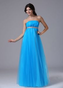 Customize Aqua Blue Tulle Prom Maxi Dress with Beaded Waist for Cheap