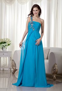 Aqua Blue One Shoulder Ruched Prom Maxi Dress with Appliques in Chiffon