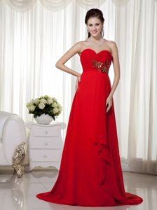 New Red Empire Sweetheart Ruched Maxi Dresses in Chiffon with Appliques