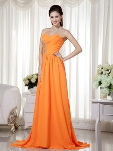 Orange Sweetheart Chiffon Prom Maxi Dresses with Beading and Ruching
