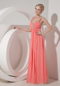 Watermelon Red Spaghetti Straps Prom Maxi Dress in Chiffon with Beading