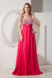 Empire Spaghetti Straps Coral Red Chiffon Prom Maxi Dress with Beading