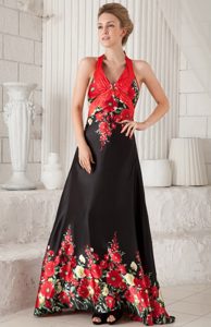 Red and Black Princess Halter Top Maxi Dresses with Floral Printing on Sale