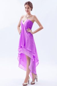 Lavender V-neck High-low Prom Maxi Dress in Chiffon with Ruching