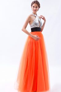 Orange Red Empire Halter Prom Maxi Dress in Sequins for Cheap