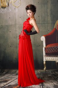 Red One Shoulder Chiffon Maxi Dress with Ruching and Hand Made Flowers