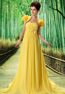 Yellow Ruched Chiffon Prom Maxi Dresses with Hand Flowers and Ruching