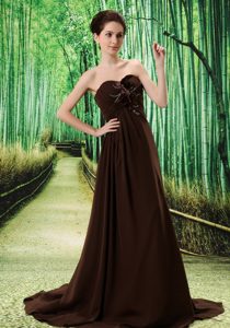 Brown Stylish Ruched Chiffon Prom Maxi Dresses with Hand Made Flower