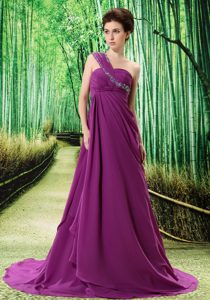 Simple Purple One Shoulder Prom Maxi Dress with Appliques and Ruching