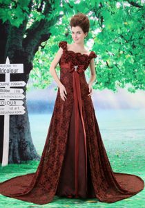 New Brown Lace Long Prom Maxi Dress with Hand Made Flowers for Less