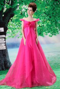 Off The Shoulder Hot Pink Organza Prom Pageant Dress with Hand Flower