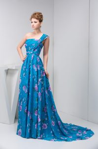 Ruched Single Shoulder Court Train Maxi Dresses with Colorful Printing