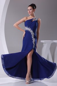 Appliqued One Shoulder Royal Blue Prom Maxi Dresses with High Side Slit
