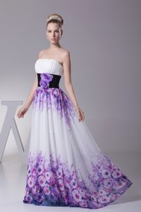 Strapless Colorful Printing Prom Maxi Dresses with Handle Flower Sash