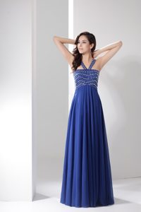 Blue Empire V-neck Prom Maxi Dresses Decorated with Shining Beading