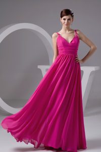 2013 Hot Pink V-neck Chiffon Prom Maxi Dress with Ruching Best Seller