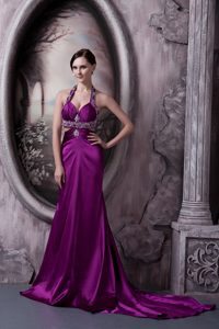 Pretty Eggplant Purple Column Halter Prom Maxi Dress in Silk Like Satin