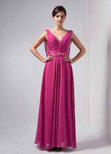 V-neck Ruching Chiffon Mother Dress with Beadings in Fuchsia in the Mainstream