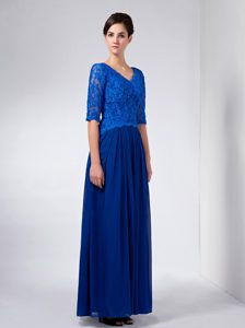 V-neck Ankle-length Blue Prom Mother Dress with 1/2 Sleeves in Chiffon and Lace
