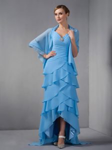 Chiffon V-neck High-low Blue Mother Dress for Wedding with Ruches and Layers