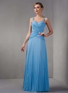 Beaded and Ruched Chiffon Mother Dresses with Straps and Pleats in Light Blue