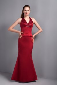 Mermaid Halter Top Satin Mother of The Bride Dress with Beadings in Wine Red