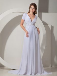Plunging Chiffon Mother Dresses for Church Wedding in Ivory with Short Sleeves
