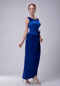 Pretty Scoop Ankle-length Blue Dress for Mother in Taffeta with Handmade Flower