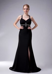 Wholesale Price Black Straps Mother Dress with Beadings and High Slit in Chiffon
