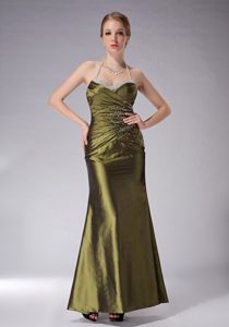 Halter-top Beaded Taffeta Wedding Mother Dress with Ankle-length in Olive Green
