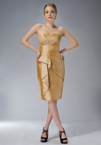 Strapless Column Knee-length Gold Mother Dress in Taffeta with Ruches for 2014