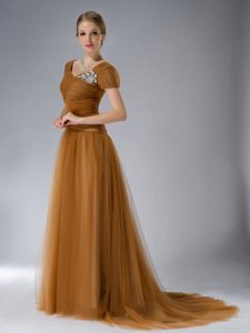 Stylish Brown Ruching Mother Dress for Church Wedding in Tulle with Appliques