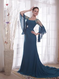 Square Chiffon Mother Dress for Church Wedding with Court Train in Navy Blue