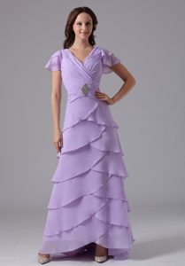 V-neck Ruched and Beaded Lilac Mother Dress for Wedding with Ruffled Layers