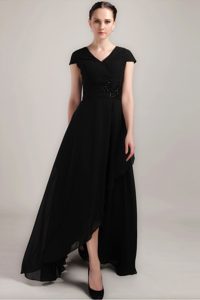 Black V-neck High-low Beaded New Dress for Mother with Cap Sleeves in Chiffon
