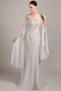 Chiffon Long Mother Dress with Straps and Beadings in Gray on Promotion