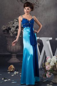 Two-toned Blue Long Mother Dresses with Spaghetti Straps and Beadings