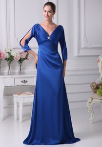 Affordable Royal Blue V-neck Mother of The Bride Dress in Satin with 3/4 Sleeves
