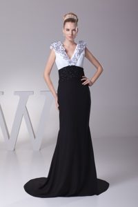 Beaded and Ruffled Chiffon Beauty Mother Dress with V-neck in White and Black